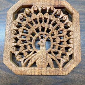 Gorgeous Vintage Carved Wooden Peacock Trivet or Plant Stand Handmade in India